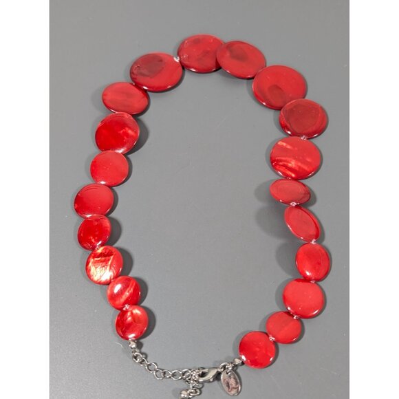 Charming Charlie Red Shell Disc Necklace Statement Beachy Boho 19" - Picture 9 of 9